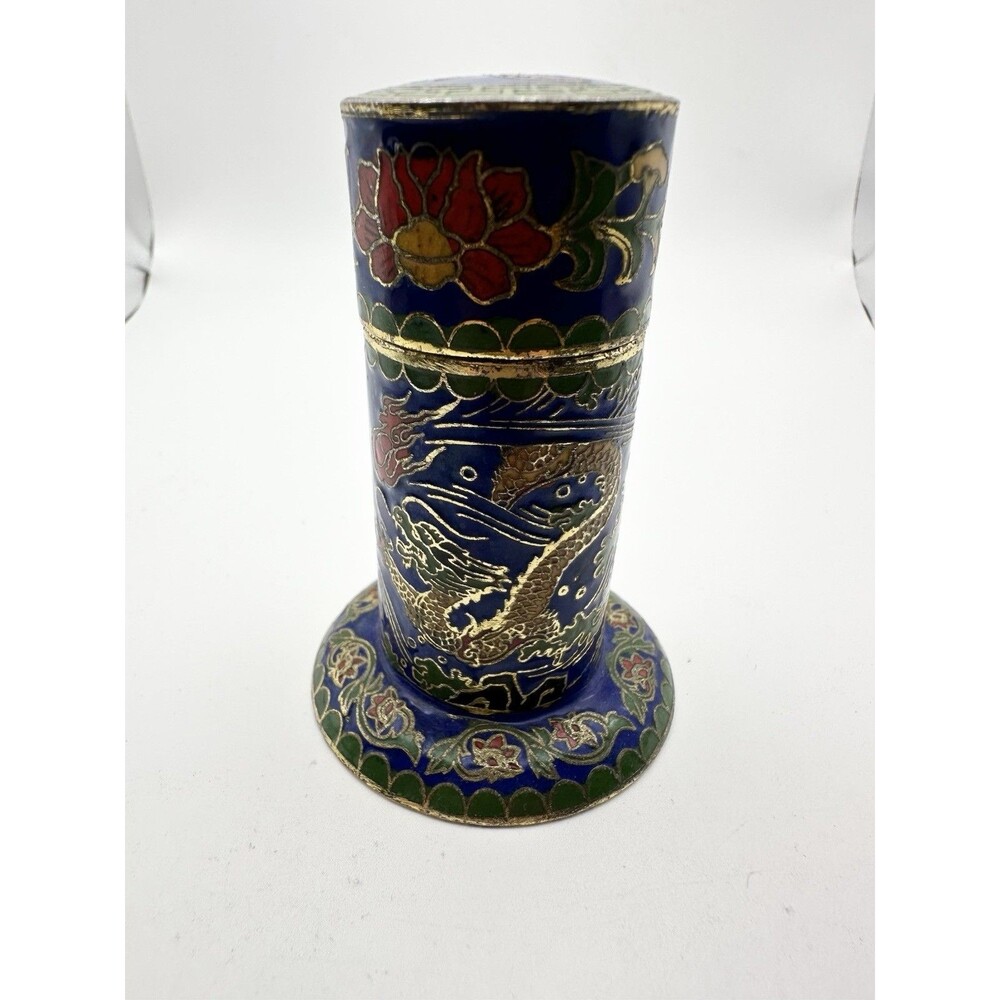 Vintage Cloisonne Toothpick Holder Floral Dragon